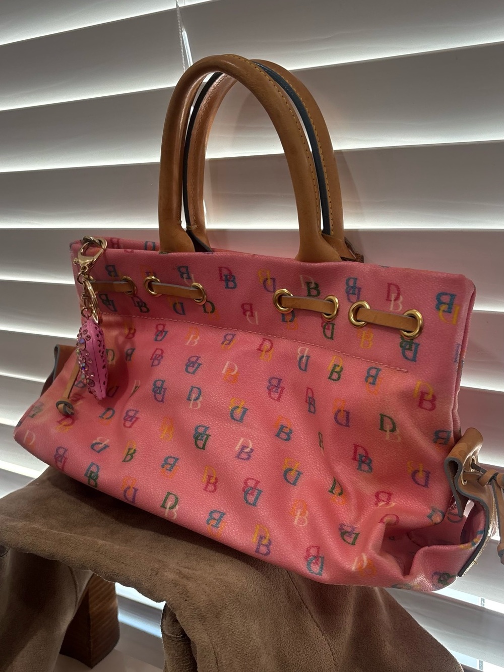 Dooney & Bourke Pink Monogram Canvas Tote with Tan Leather Trim - Picture 6 of 10